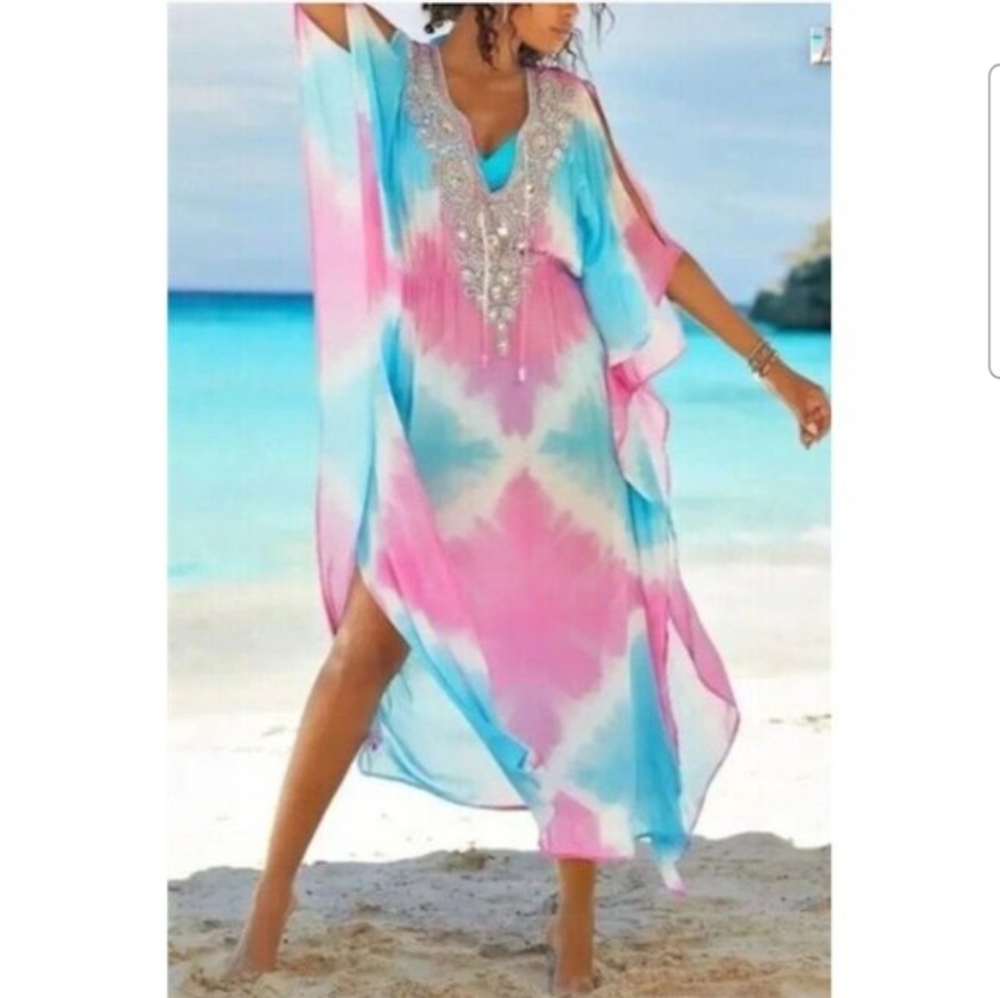 Boston Proper Embellished Ombre Kaftan Maxi Dress L Pink Blue Rhinestone Resort